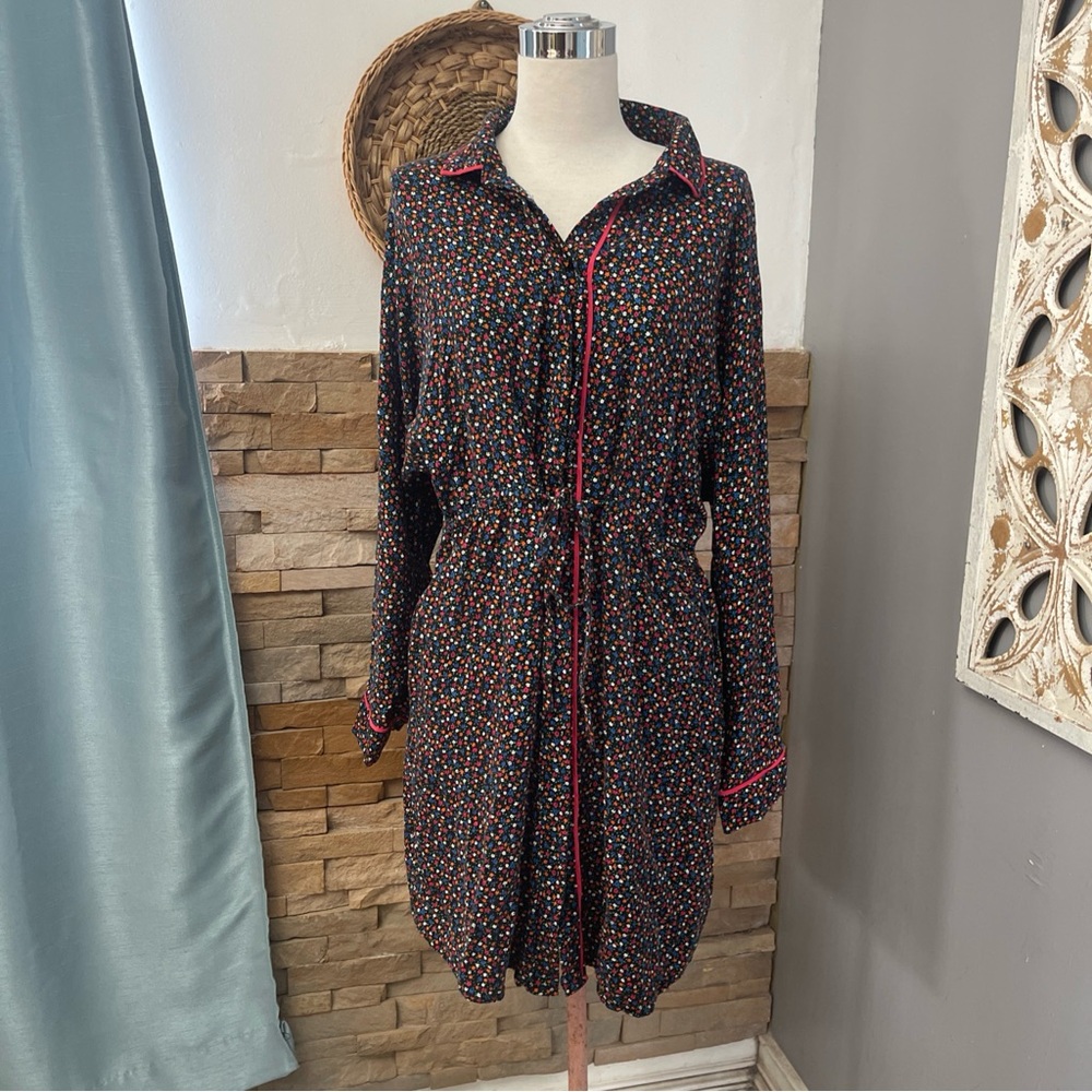 Elegant Black ditay floral shirt Long Sleeve drawstring Dress aize 14